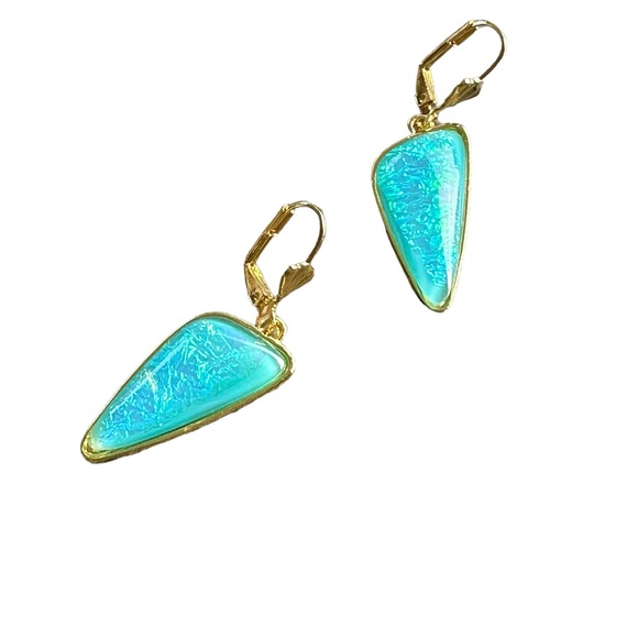 Gold and Iridescent Turquoise Geometric Drop Earrings - Picture 6 of 6